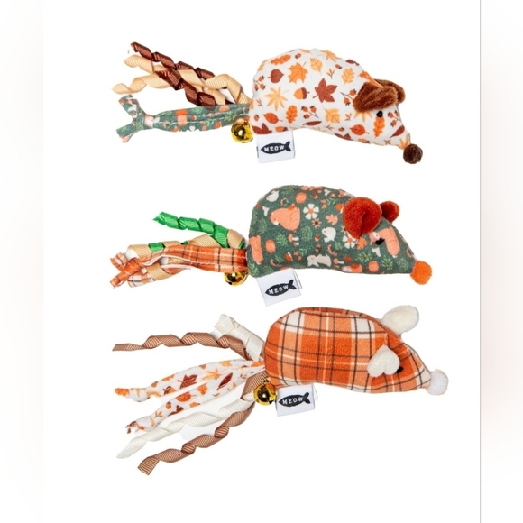 Cat Toy Mouse Set Of 3 with Bells - Orange, Green, and Brown - Picture 1 of 3